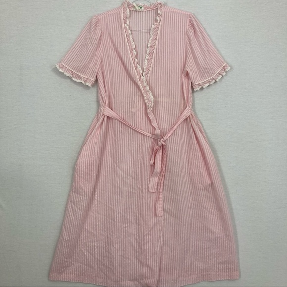 Vintage Juli of Slumbertogs Pink Striped Lace Ruffle Belted Robe Small - Picture 1 of 12
